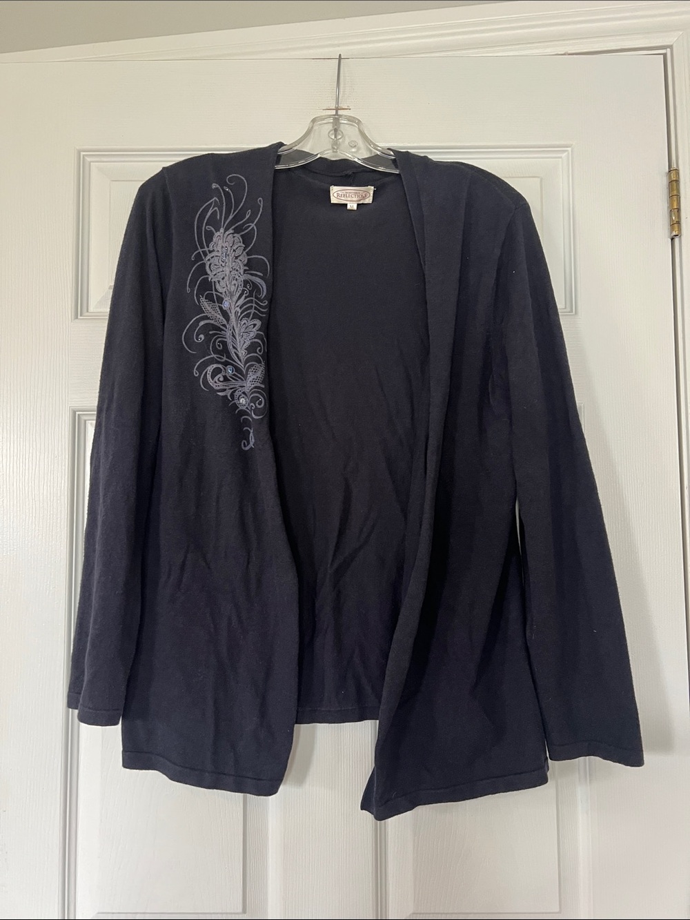 Classic Navy Open-Front Women’s Sweater Cardigan with Embroidered Detail